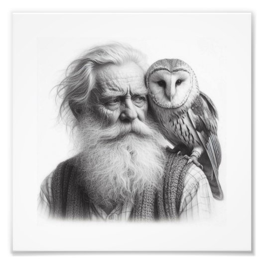 秘密の守り人: フクロウと老人の壁画 フォトプリント (正面)