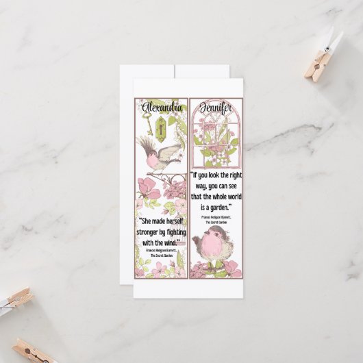 秘密の庭の本の引用文かわいい鳥のしおり カード (正面/裏面インサイチュ)