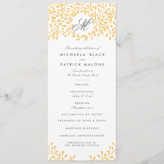 秘密の庭園の結婚式プログラム – マスタードイエロー プログラム (正面)