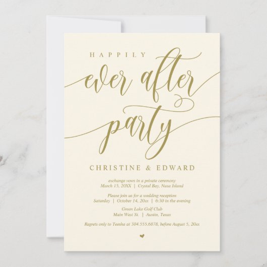 秘密の挙式、ハッピーエバーアフターパーティー、イエローゴールド 招待状 (正面)