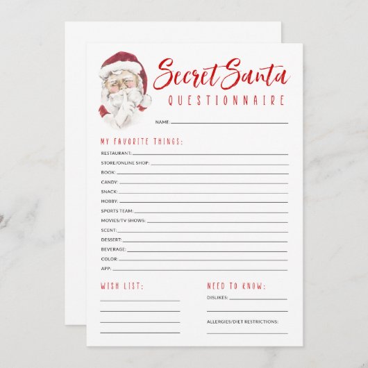 秘密サンタアンケートギフト交換パーティー ノートカード (正面/裏面)