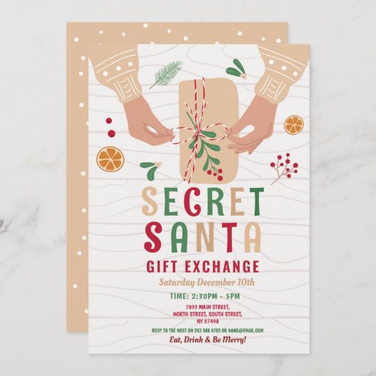 秘密サンタギフト交換パーティークリスマスファミリー 招待状 (正面/裏面)
