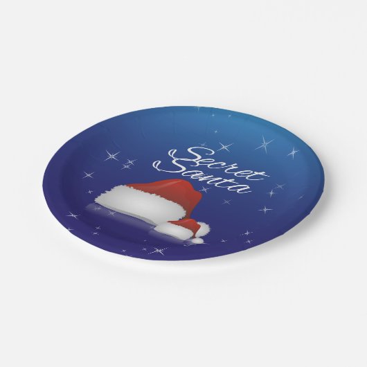 秘密サンタハットブルー背景クリスマスパーティー ペーパープレート (アングル)