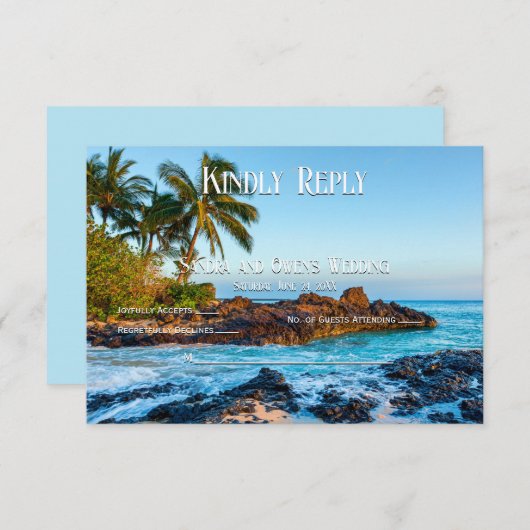 秘密ビーチマウイ、トロピカルパラダイス、ウェディングRSVP サンキューカード (正面/裏面)