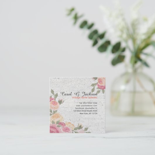 秘密庭のロマンチックなバラのヴィンテージの花柄 スクエア名刺 (スタンド正面)