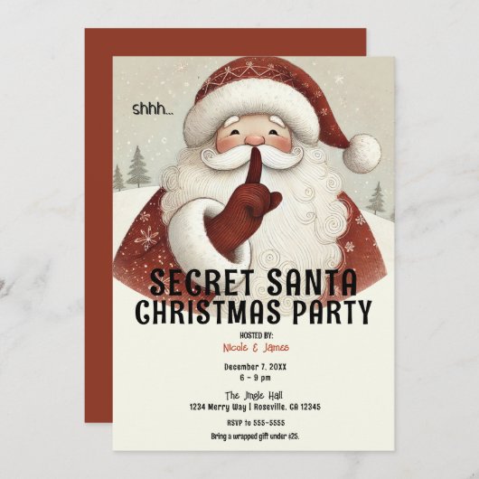 秘密素朴お洒落のサンタクリスマスパーティー 招待状 (正面/裏面)