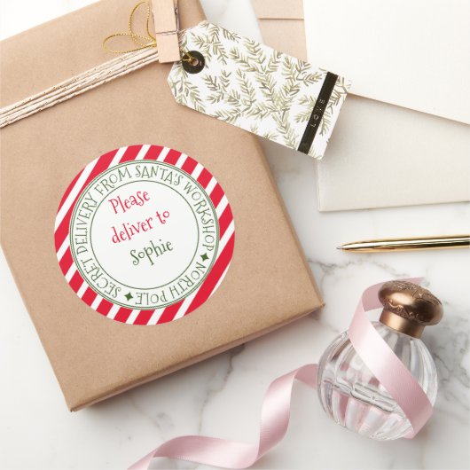 秘密配送型枠サンタズストライプクリスマスギフト ラウンドシール (ギフト)