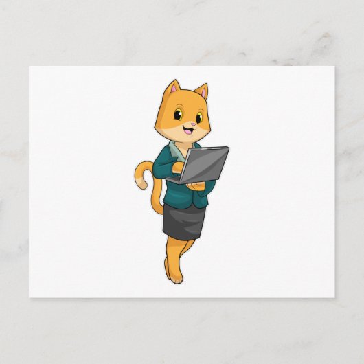 秘書として働く猫とノートパソコン ポストカード (正面)