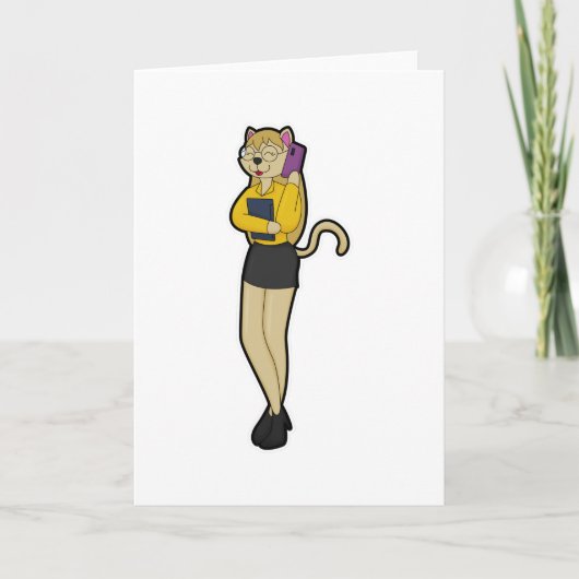 秘書として働く猫 ラップトップと携帯電話付き カード (正面)