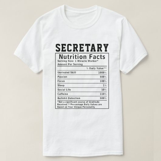 秘書の栄養成分表示 楽しい事務員 スタッフ ギフト Tシャツ (デザイン正面)