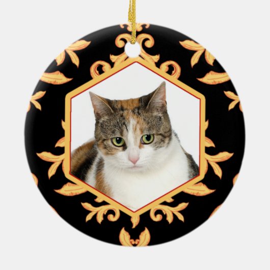 秘蔵されたペット黒及び金ゴールドのダマスク織犬/猫の写真 セラミックオーナメント (裏面)