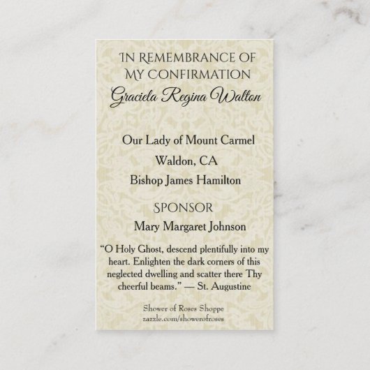 秘跡の確認のレースの聖餐杯のホストの鳩 名刺 (裏面)