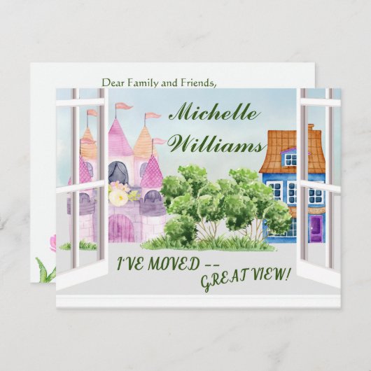 移動したおもしろいの水彩都市の移動 案内状 (正面/裏面)