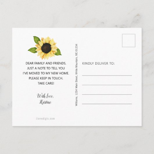 移動したシックイエローヒマワリ水彩フローラ 案内ポストカード (裏面)