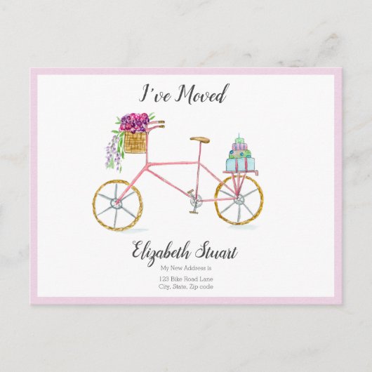 移動した花のパッケージ付き甘いピンクの自転車 案内ポストカード (正面)