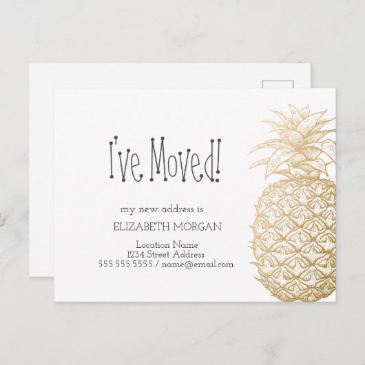 移動した，シックな金ゴールドパイナップル新しいアドレス 案内ポストカード (正面/裏面)