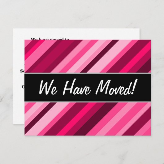 "移動しました！" +ピンク/マゼンタのストライプパターン 案内ポストカード (正面/裏面)
