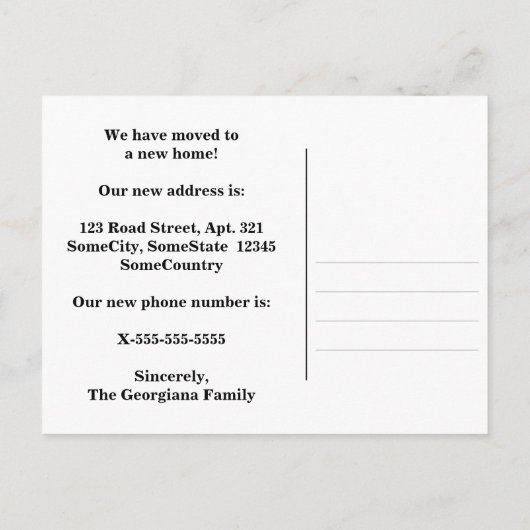 "移動しました!" +ピンク/マゼンタのストライプパターン 案内ポストカード (裏面)