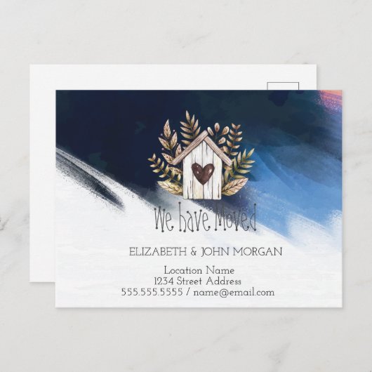 移動しました,木造の家,筆のタッチ,新しい住所 案内ポストカード (正面/裏面)