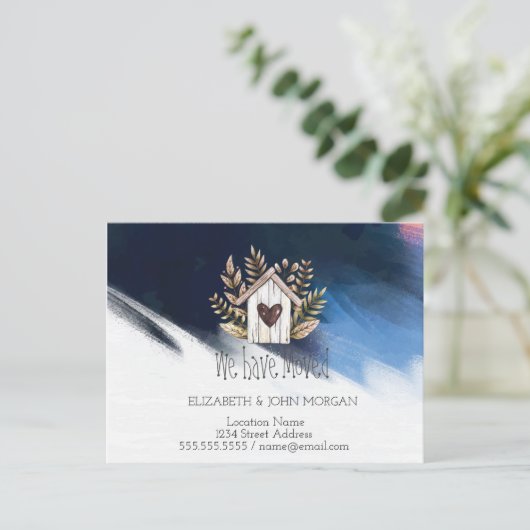 移動しました,木造の家,筆のタッチ,新しい住所 案内ポストカード (スタンド正面)