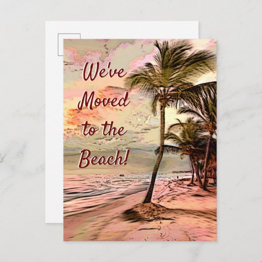 移動のお知らせ：パームツリーのあるサンライズビーチ ポストカード (正面/裏面)