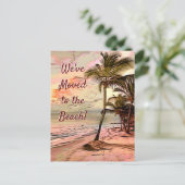 移動のお知らせ:パームツリーのあるサンライズビーチ ポストカード (スタンド正面)