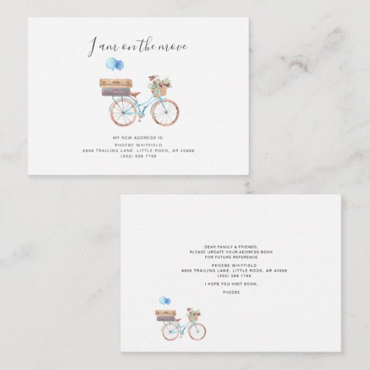 移動上の新しい住所の水の色の自転車の移動 ノートカード (正面/裏面)