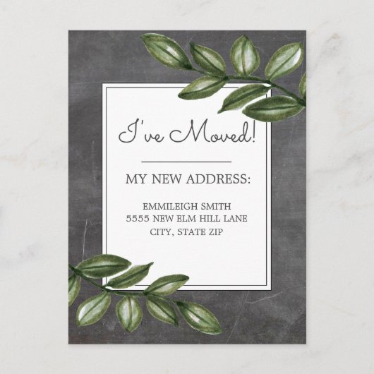 移動中のお知らせヴィンテージChalkboardグリーンリーフ ポストカード (正面)