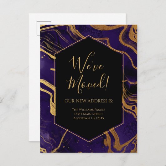 移動中のお知らせ金ゴールド紫の大理石インクモダン ポストカード (正面/裏面)