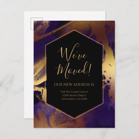 移動中のお知らせ金ゴールド紫の大理石インクモダン ポストカード (正面/裏面)