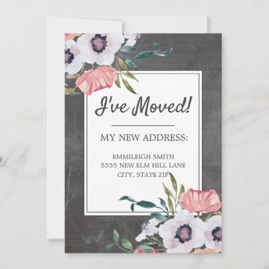 移動中のお知らせChalkboardピンクホワイトフローラ 招待状 (正面)