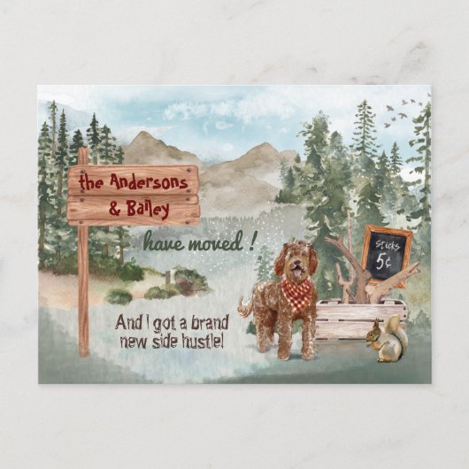 移動中の茶色のラブラドルウッドランド新住所 案内ポストカード (正面)
