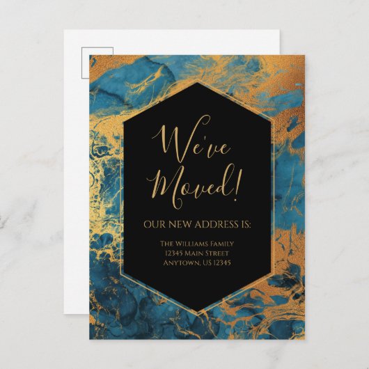移動中アナウンスブルー金ゴールド大理石インクモダン ポストカード (正面/裏面)