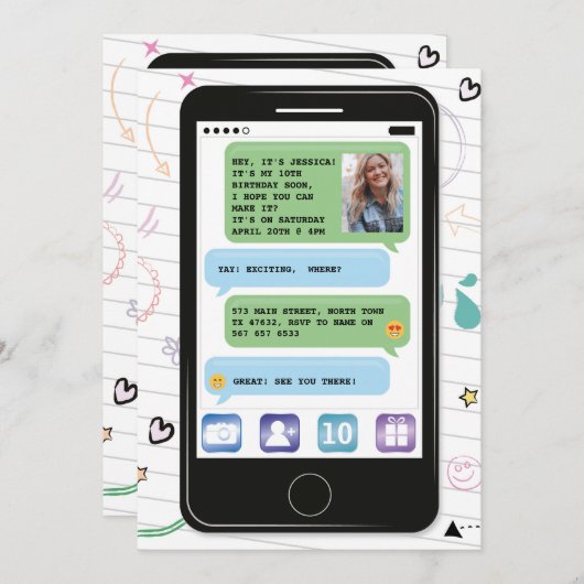 移動式誕生日の電話細胞の写真の雑談のメールや文字を打つ 招待状 (正面/裏面)