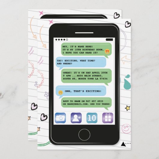 移動式誕生日の電話細胞のConvoの雑談のメールや文字を打つ 招待状 (正面/裏面)