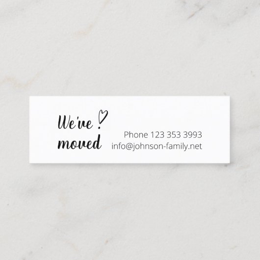 移動。引っ越しましたスクリプト。ファミリの新しい住所。 スキニー名刺 (裏面)