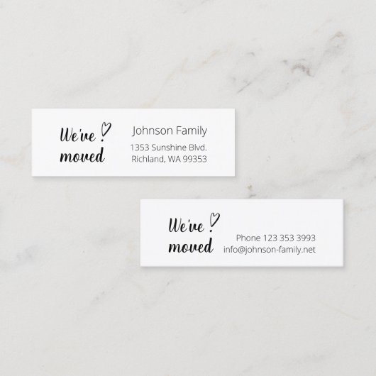 移動。引っ越しましたスクリプト。ファミリの新しい住所。 スキニー名刺 (正面/裏面)