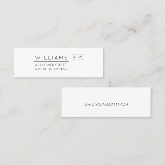 移動。新しいアドレス。ミニマルタイポグラフィ01. スキニー名刺 (正面/裏面)