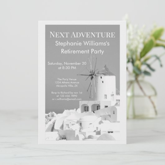 移行先の退職パーティーギリシャ語ホワイトグレー 招待状 (スタンド正面)