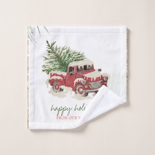 移転しました、赤いトラック、松の木の雪の休暇 バスタオルセット (ウォッシュタオル)