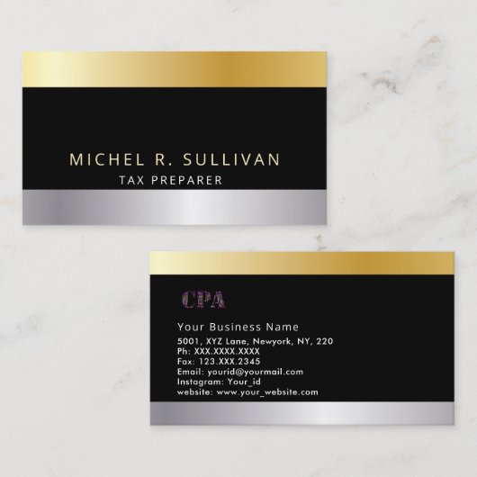 税準備者のエレガント金ゴールドシルバーブラック 名刺 (正面/裏面)