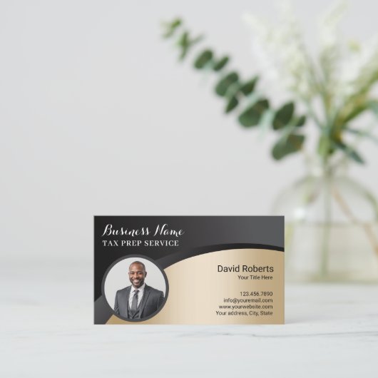 税金作成者財務顧問ブラック&金ゴールド写真 名刺 (スタンド正面)