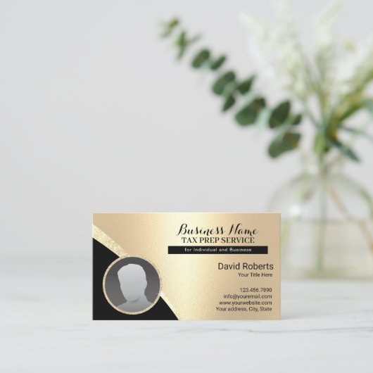 税額作成者簿記サービス金ゴールド写真 名刺 (スタンド正面)