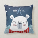 種々のホッキョクグマ | モノグラム クッション<br><div class="desc">装飾用クッションモノグラムのは、氷と雪の間に立ち、眼鏡を着用したポーラーベア、赤いのまわりにスカーフの首を持つ子供部屋に最適。お子様の名前とイニシャルを白と青で追加。</div>