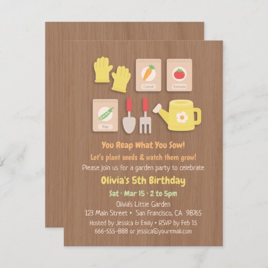 種および園芸工具の子供の誕生日のパーティー 招待状 (正面/裏面)