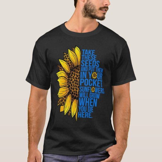 種を取ってポケットに入れヒマワリ平和 Tシャツ (正面)