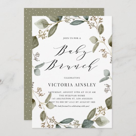 種付きユーカリのリース　ベイビーシャワーブランunch 招待状 (正面/裏面)