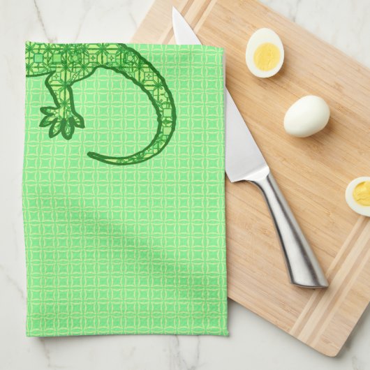 種族のろうけつ染めのヤモリ-ライムおよびエメラルドグリーン キッチンタオル (四つ折り)