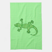 種族のろうけつ染めのヤモリ-ライムおよびエメラルドグリーン キッチンタオル (縦)