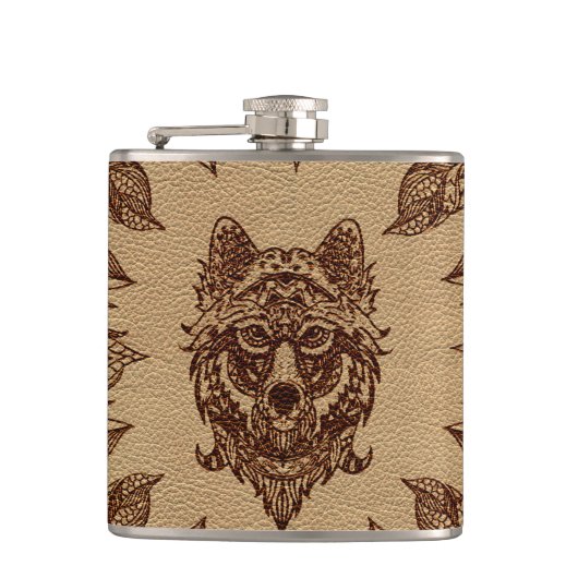 種族のオオカミおよび羽の革エンボスの効果 フラスク (正面)